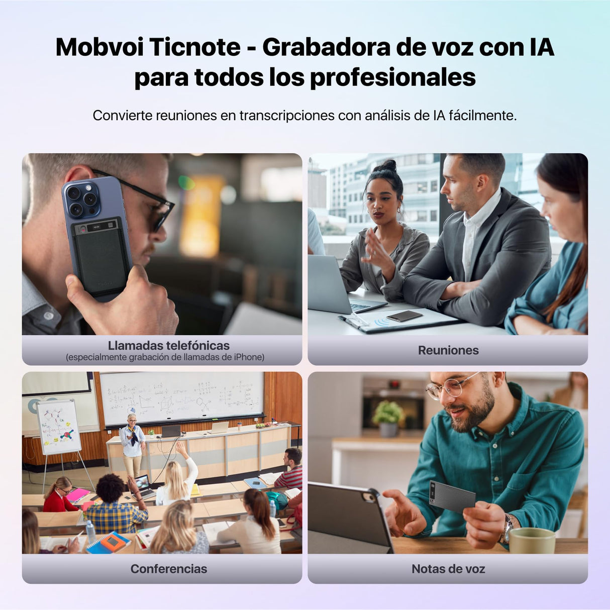 Mobvoi TicNote - Grabadora de Voz IA 64GB con Memoria, Estuche, Control por App, 100+ Idiomas con IA “Shadow“, Grabadora Digital para Llamadas, Clases y Reuniones