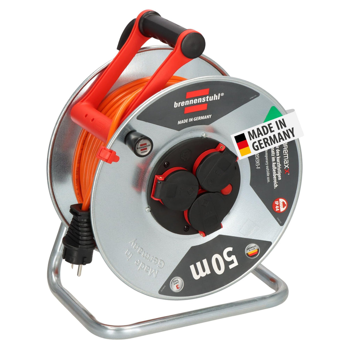Brennenstuhl Garant S V2 IP44 - Carrete de cable para exteriores (50 m, fabricado en Alemania, cable negro, chapa de acero, uso a corto plazo en exteriores)