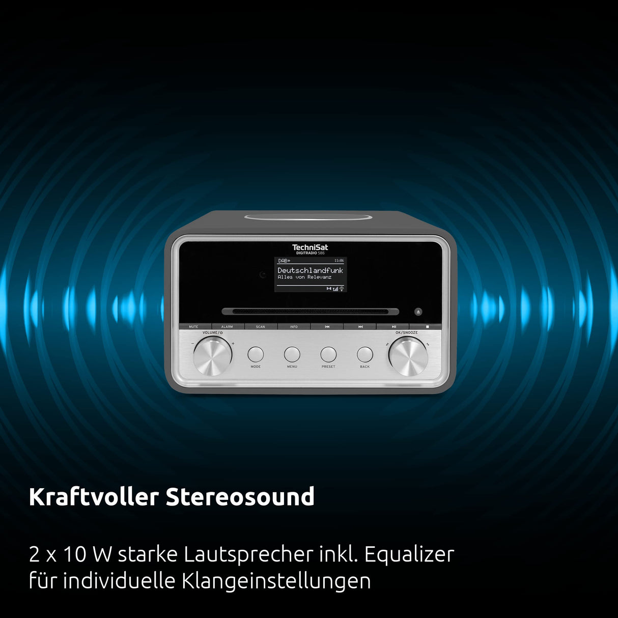 TechniSat DIGITRADIO 586 - Radio híbrido Dab+ (Radio por Internet, FM, Bluetooth, Spotify, Carga inalámbrica, Control por App, Pantalla OLED, USB, CD,MP3, AUX, 20 W, Equipo Compacto, Control Remoto)