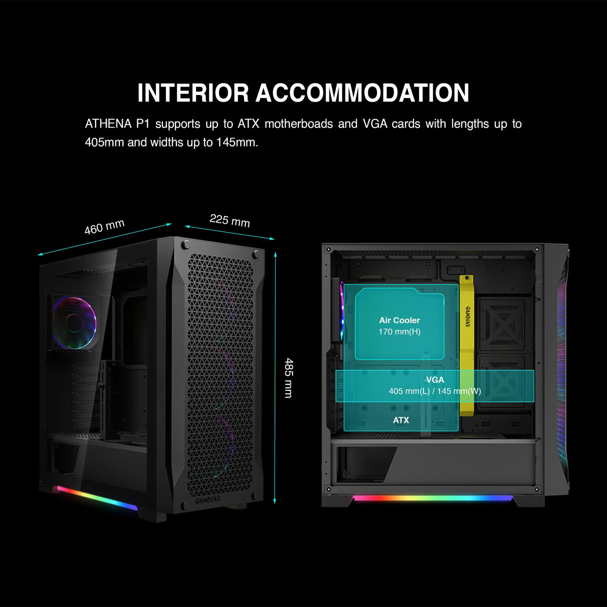 GAMDIAS Athena P1 ATX - Carcasa para PC para Juegos de Torre Media con Vidrio Templado y excelente diseño de Flujo de Aire y 4 Ventiladores ARGB de 120 mm, Soporte Superior y Frontal AIO de 360 mm y