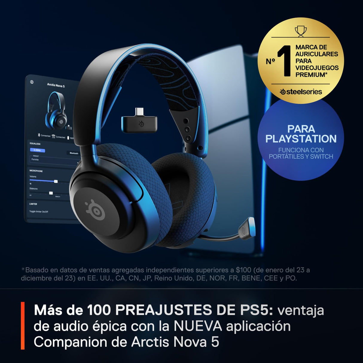 SteelSeries Arctis Nova 5P Cascos PS5 Inalámbricos - PS5, PC, Switch 2, móvil - Controladores magnéticos de neodimio - Más de 100 preajustes - Batería de 60 horas - 2,4 GHz o BT - Micro Gen2.X