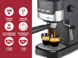 beper P101CAF100 Cafetera Espresso Duetta, 1100W, Compatible con monodosis y café en polvo, Cafetera con brazo de salida doble, 15 bar, Calienta tazas, vaso medidor y prensador incluidos, Negra