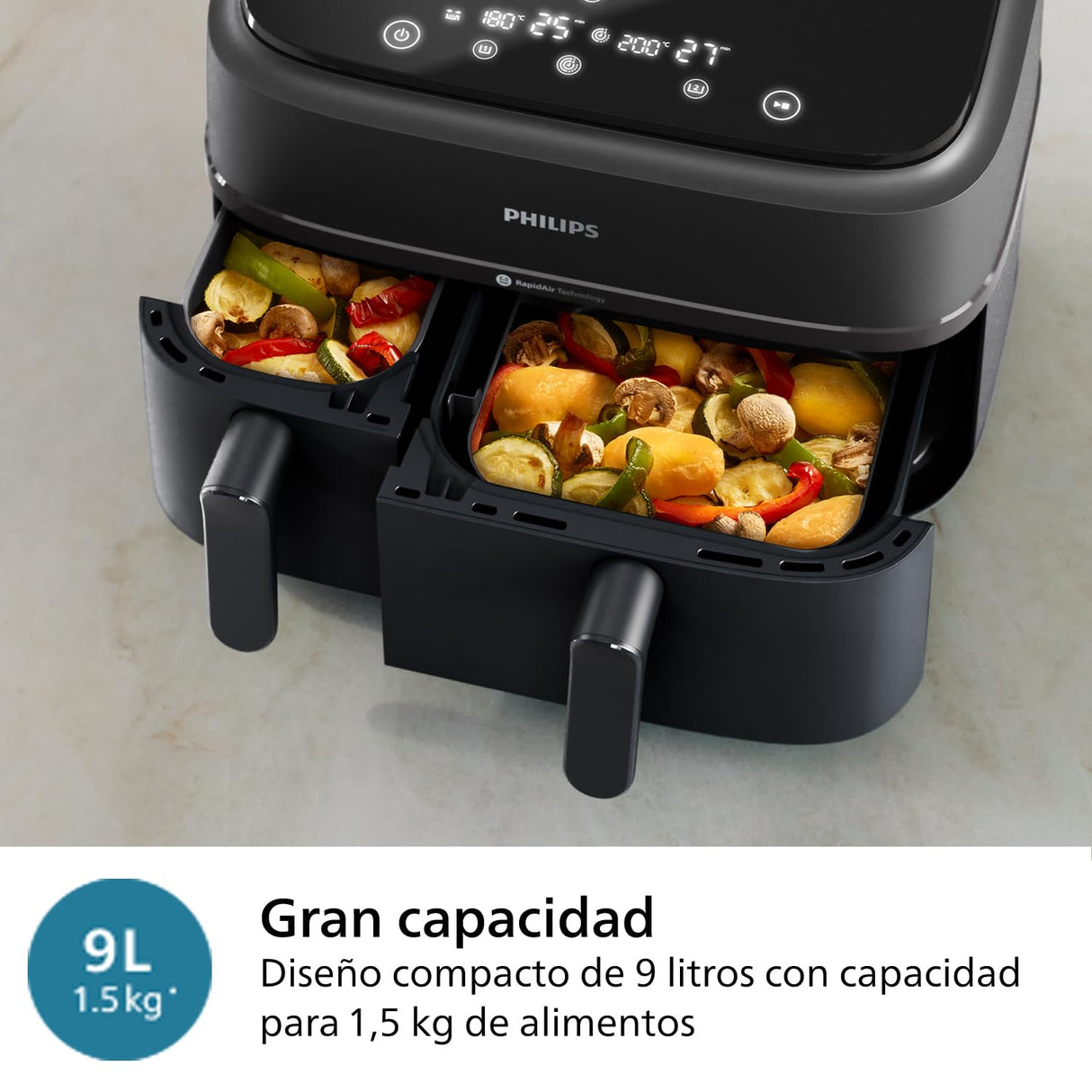 Philips Airfryer Dual Basket Serie 3000, 9L, Freidora de aire con 2 cestas, Kit Desayuno, Tecnología Rapid Air, 99% menos de grasa, ahorro de energía, ideal para familias, App HomeID (NA350/03)