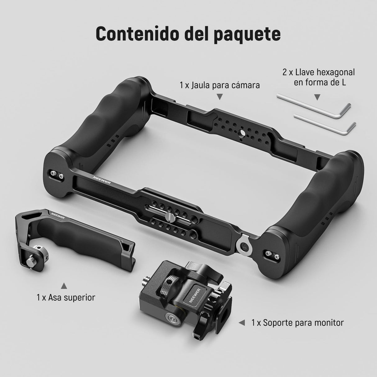 NEEWER Cámara Jaula Universal+Top Handle y Soporte Monitor Cold Shoe, Estabilizador Gimbal Cámara Tipo Arca, 2 Asas, 3/8" para ARRI, Rig Video Compatible con SmallRig Accesorios, CA016T+MA006