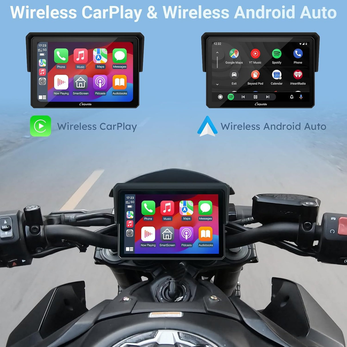 Pantalla Moto Carpuride W502, 5" IPS Táctil IP67 Impermeable, CarPlay & Android Auto Inalámbricos, GPS, Control por Voz Siri/Asistente Google, Dual Bluetooth, Soporte Ajustable Manillar
