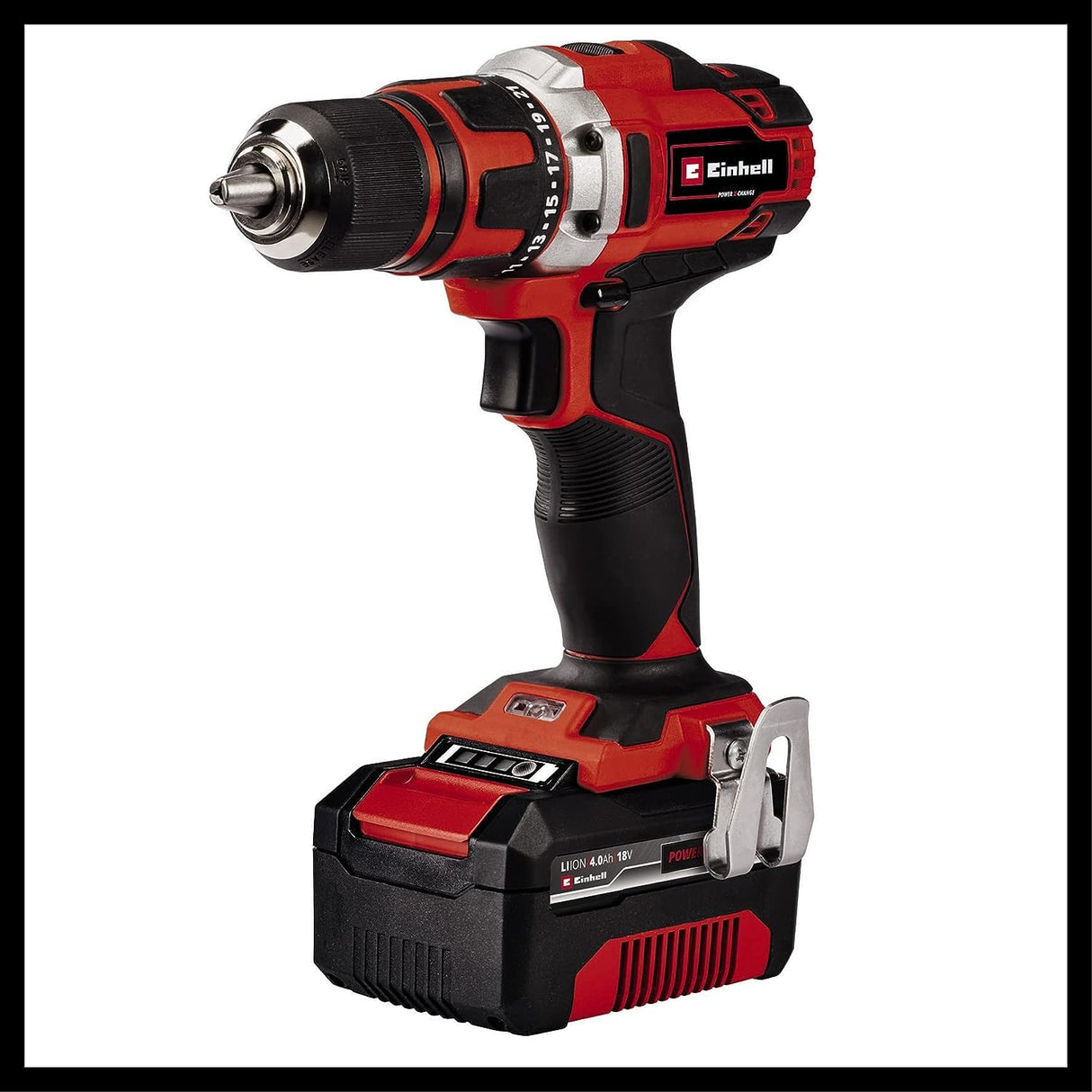 Einhell Taladro con batería TE-CD 18/40 Li + amoladora angular con batería TC-AG 18/115 Li PXC (iones de Li, 18V, incl. batería 4Ah y cargador, accesorios de amoladora angular, caja de puntas, bolsa)