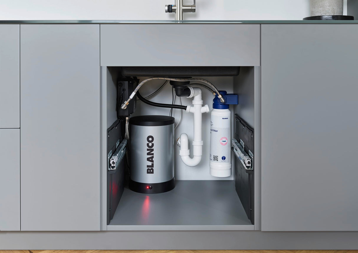BLANCO drink.hot EVOL Mono Satin Gold | Sistema de agua caliente | Agua caliente hirviendo refinada | Ajuste de cantidad Click & Touch | Caño aislado separado | Grifería