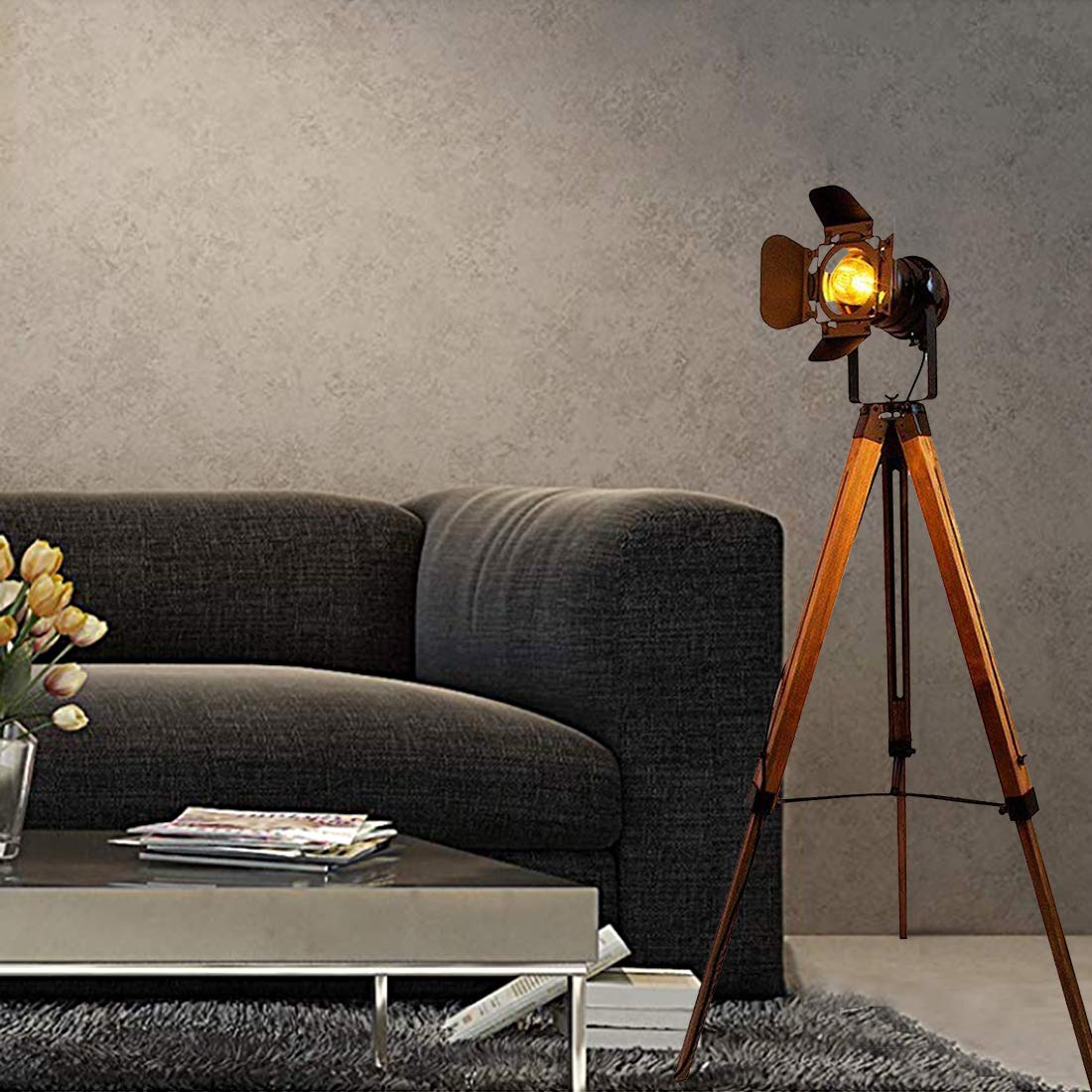 BarcelonaLED Lámpara de Pie Trípode Madera con Foco Proyector Negro Cable Tela Roja Vintage Retro Industrial Náutica Cinema para Salón Estudio E27