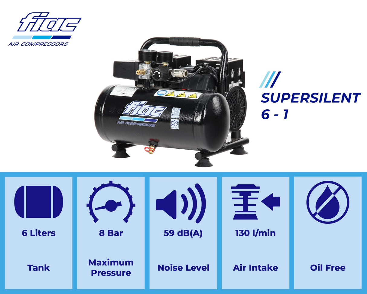 FIAC Compresor de Aire Portátil Silencioso SUPERSILENT 6, Sin Aceite, Presión Máxima 8 Bar, 1 Hp, Depósito 6 Litros, Nivel sonoro 58 dB LpA