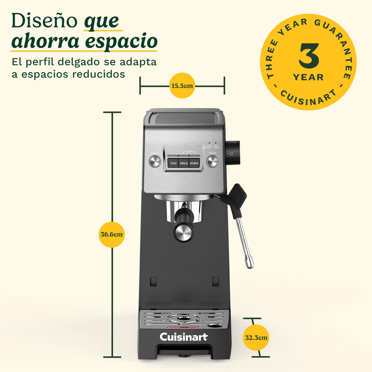 Cuisinart® Máquina de Espresso Slim | Espresso, Americano, Cold Brew | Vaporizador de leche | 15 bares | Portafiltro sin fondo | Compacta | 1,5L | Tazas de viaje