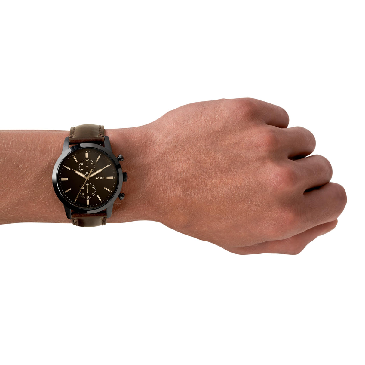 Fossil Reloj para hombre Townsman 44mm, movimiento cronógrafo de cuarzo, caja de 44mm de acero inoxidable negro con correa de piel, FS5437