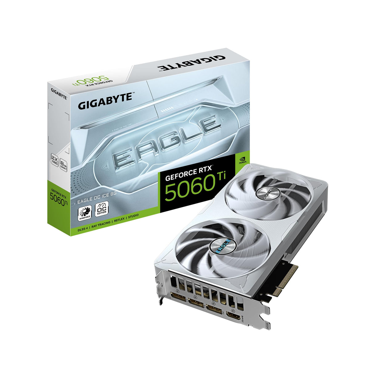 Gigabyte GeForce RTX 5060 Ti Eagle OC Ice 8G Tarjeta Gráfica – 8 GB GDDR7, 128 bits, PCI-E 5.0, 2617 MHz Frecuencia del núcleo, 3 x DisplayPort, 1 x HDMI, GV-N506TEAGLEOC ICE-8GD