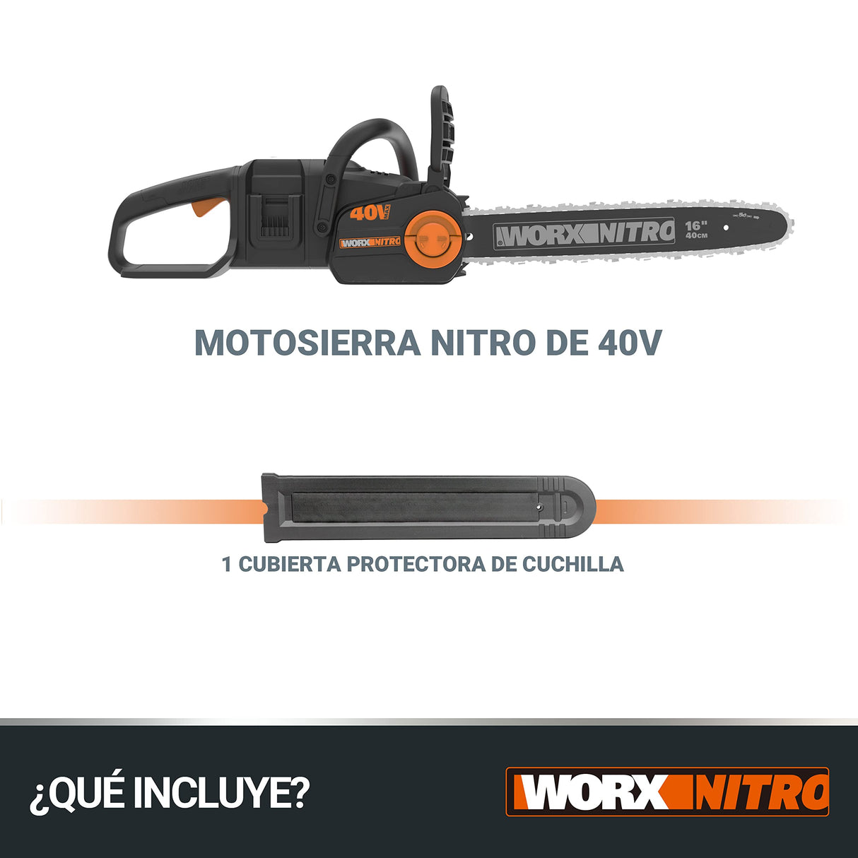WORX Motosierra Nitro 40V (2x20V) | PowerShare | WG385E.9 | No incluye batería ni cargador | Motor Brushless | Espada 40 cm | Freno de cadena y lubricado automático