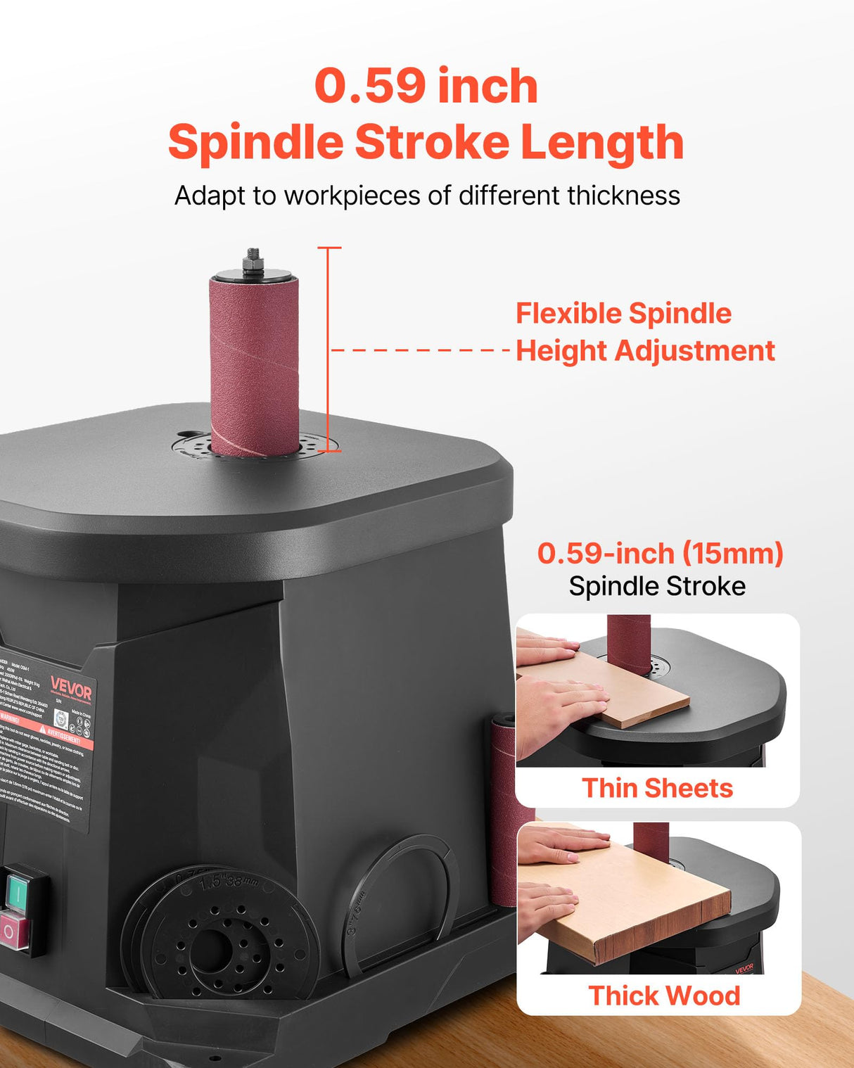 VEVOR Lijadora de Husillo Oscilante 2000 RPM, con 6 Manguitos 12,7–76,2 mm, Carrera de 15 mm y Puerto para Polvo para Acabado de Muebles, Lijado de Manualidades y Carpintería de Bricolaje, Negro