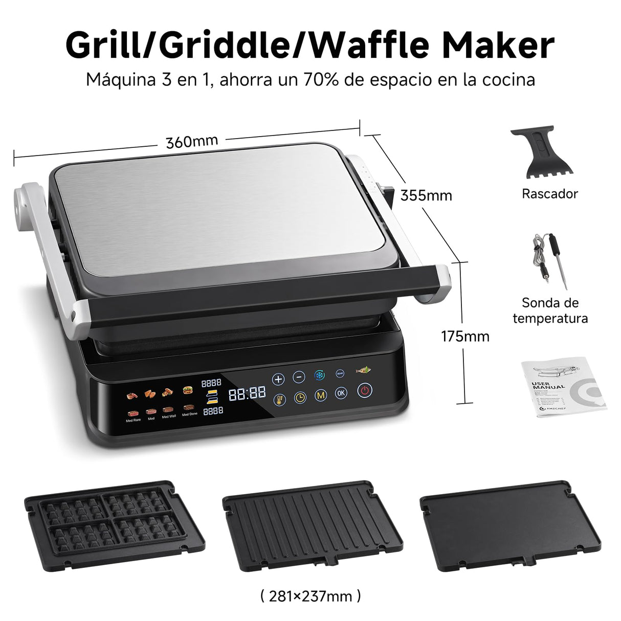 AMZCHEF parrilla eléctrica con 6 programas, función Sear hasta 280 °C, modo manual, sensor de temperatura, placas desmontables y bandeja para gofres. Ideal para carne, pescado, paninis y gofres