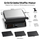 AMZCHEF parrilla eléctrica con 6 programas, función Sear hasta 280 °C, modo manual, sensor de temperatura, placas desmontables y bandeja para gofres. Ideal para carne, pescado, paninis y gofres