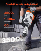 VEVOR Martillo de Demolición 3500W 60J 1900BPM Martillo Eléctrico con Cable 1-1/8" con 2 Cinceles Reemplazables Mango Giratorio 360° Rompe Hormigón Antivibración para Cincelar Construcción Fontanería