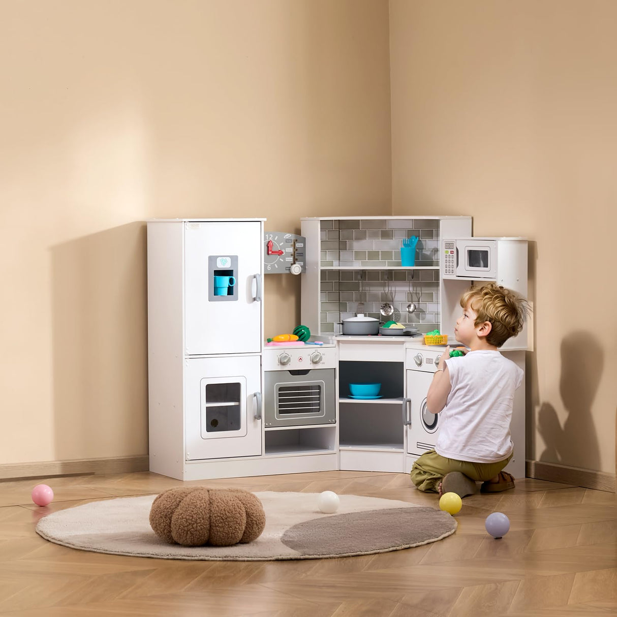 VEVOR Juego de Cocina de Madera de Esquina con Luces y Sonidos Cocina con Máquina de Hielo, Horno, Fregadero, Reloj, Microondas, Refrigerador y Accesorios para Niños Pequeños y Preescolares, Blanco