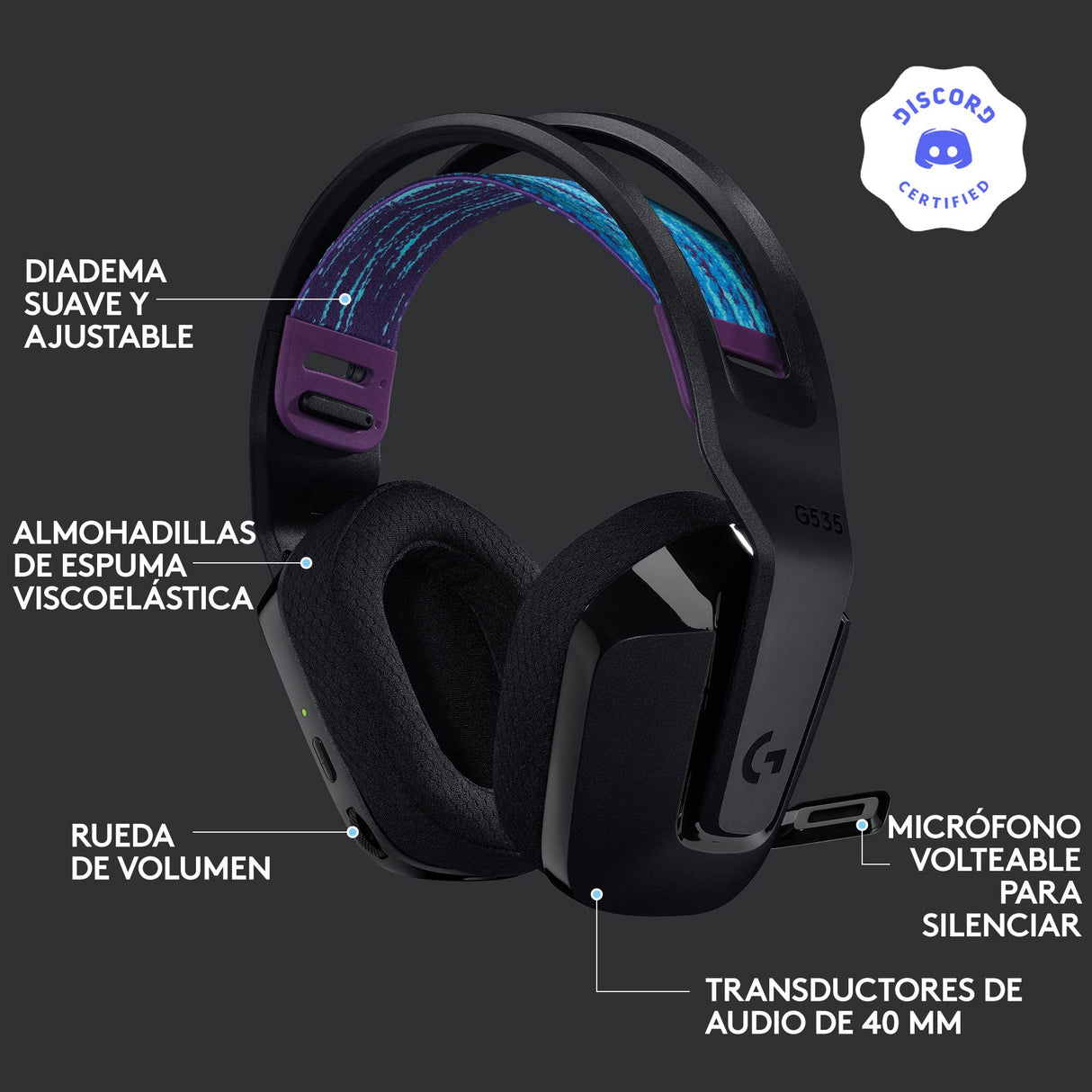Logitech G535 LIGHTSPEED para gaming Auriculares inalámbricos con micrófono - Auriculares supraaurales ligeros, micrófono volteable para silenciar, estéreo, PC, PS4, PS5, recargables por USB - Negro