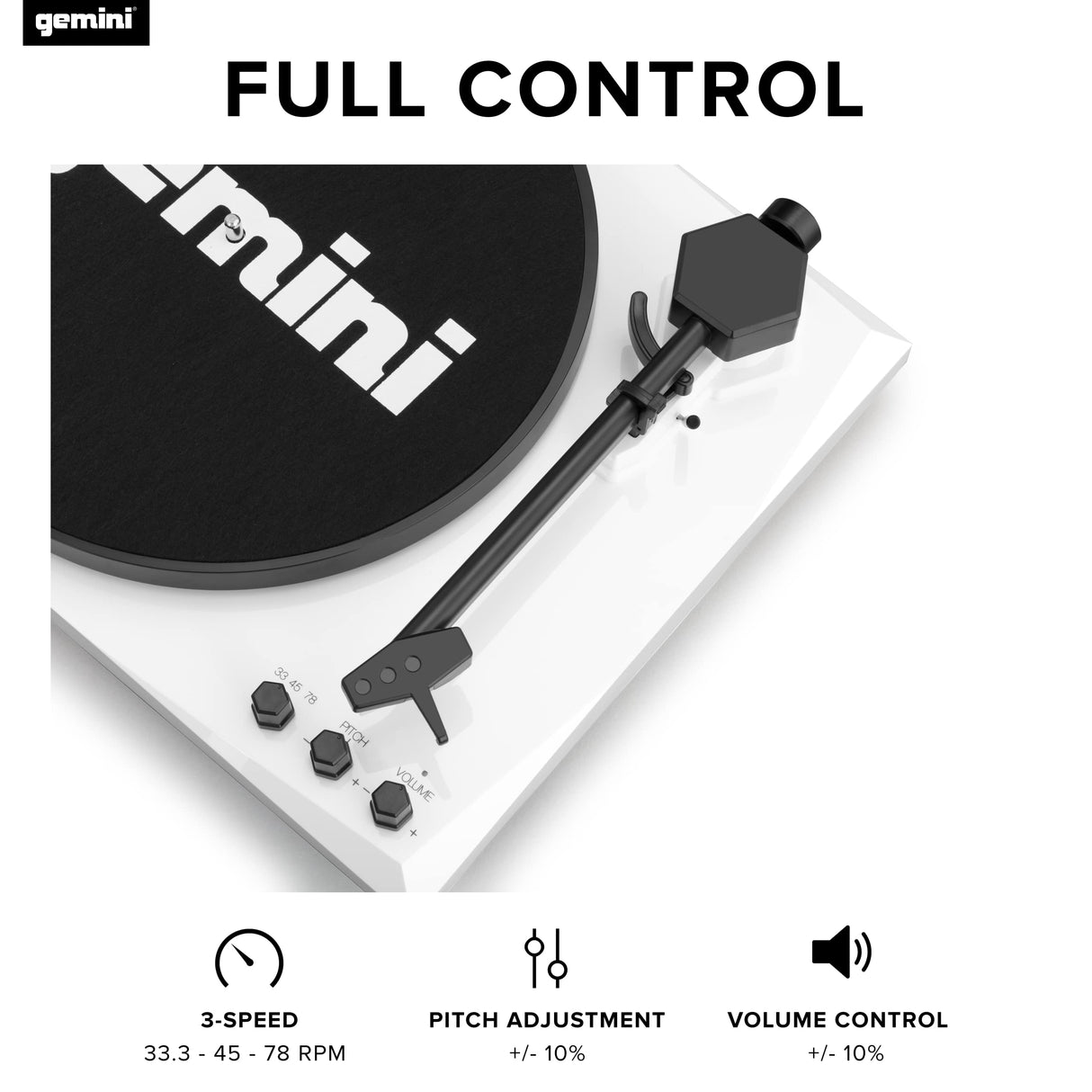 Gemini TT-900BB Stereo Turntable Music System - Belt Drive - Bluetooth input - Dual 50 Watt Stereo Speakers - Includes 45 Adapter (White)