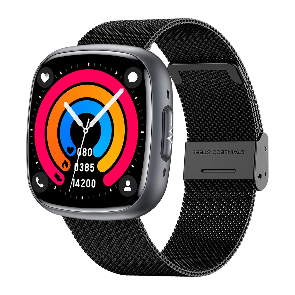 Knauermann Neo 2 (2025) - Negro Rectangular - Reloj Inteligente de Salud - ECG - Función HRV - Bluetooth BT - Apnea del sueño - Presión Arterial - Pulsera milanesa, Höhe: 42mm; Breite: 40mm; Dicke: