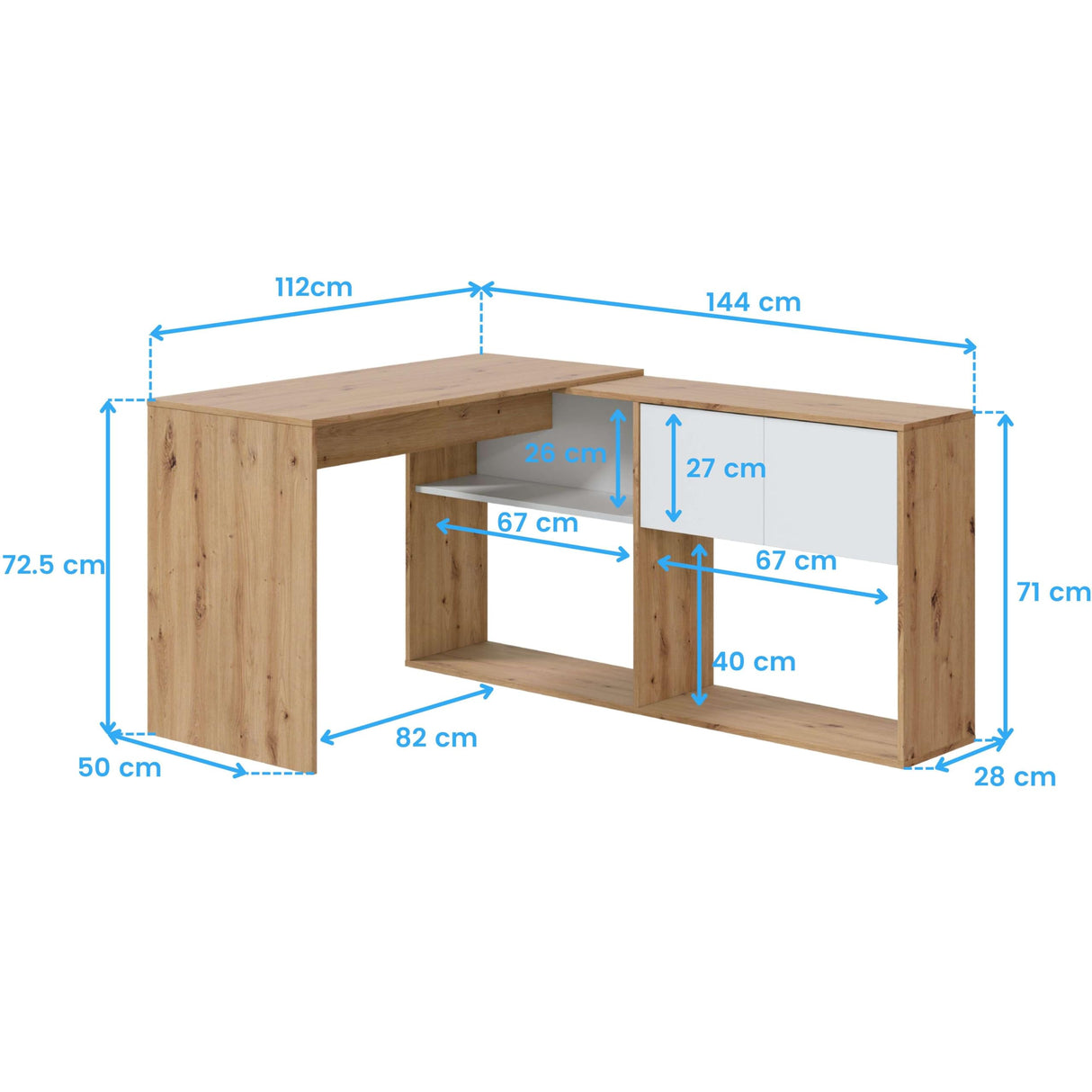 Habitdesign Mesa-Estantería Reversible de 3 Posiciones, Escritorio, Librería, Sistema de Almacenaje, Modelo Duo, Acabado en Color Roble Nodi y Blanco Artik