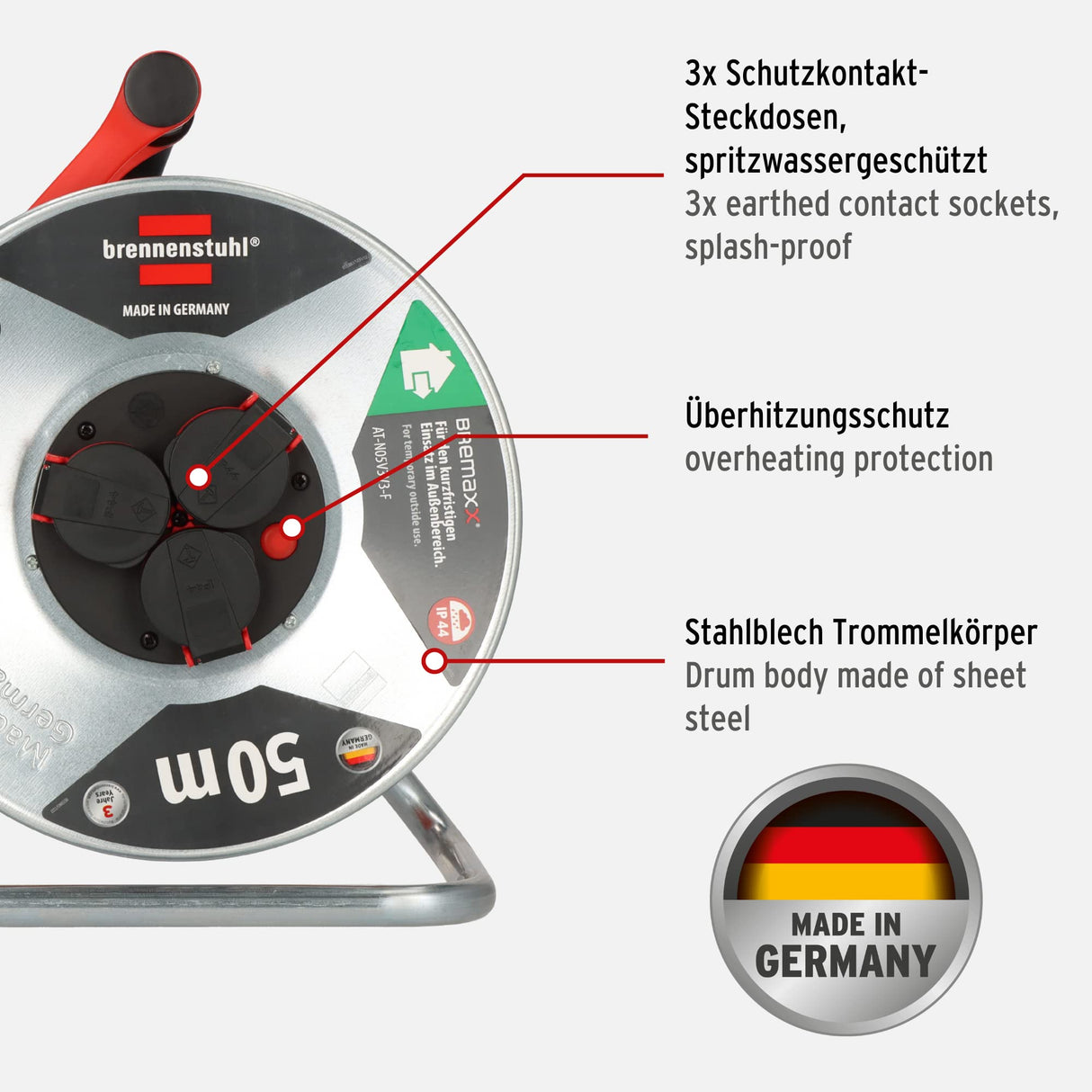 Brennenstuhl Garant S V2 IP44 - Carrete de cable para exteriores (50 m, fabricado en Alemania, cable negro, chapa de acero, uso a corto plazo en exteriores)