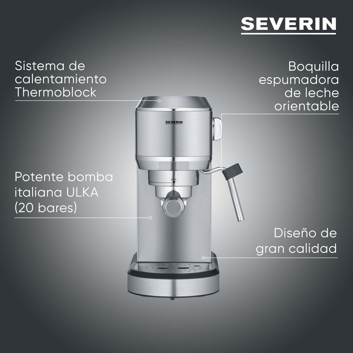 SEVERIN Máquina de café espresso Newspresa, máquina de portafiltro, bomba ULKA con 20 bares, boquilla espumadora de leche, depósito de agua de 1 L, para una o dos tazas, acero inox 1.350 W, KA 5997