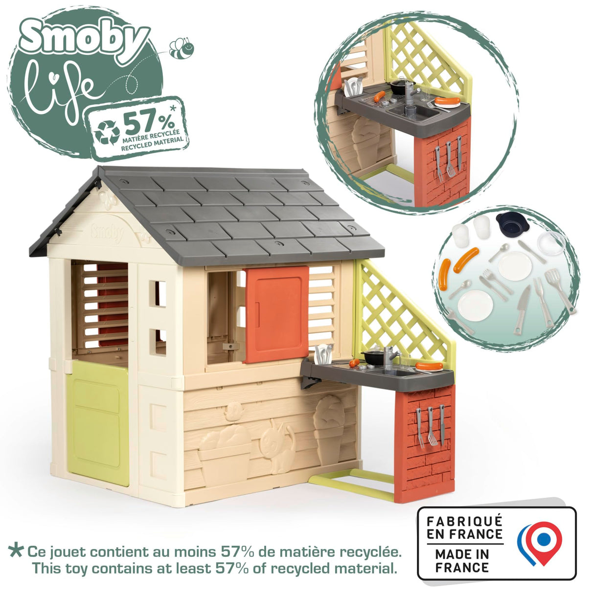 Smoby Life Casa Nature con Cocina de Juguete - Casita Infantil Interior y Exterior - Material Reciclado UV Resistente - A Partir 2 años - Cocina y Accesorios Incluidos - (7600810739)