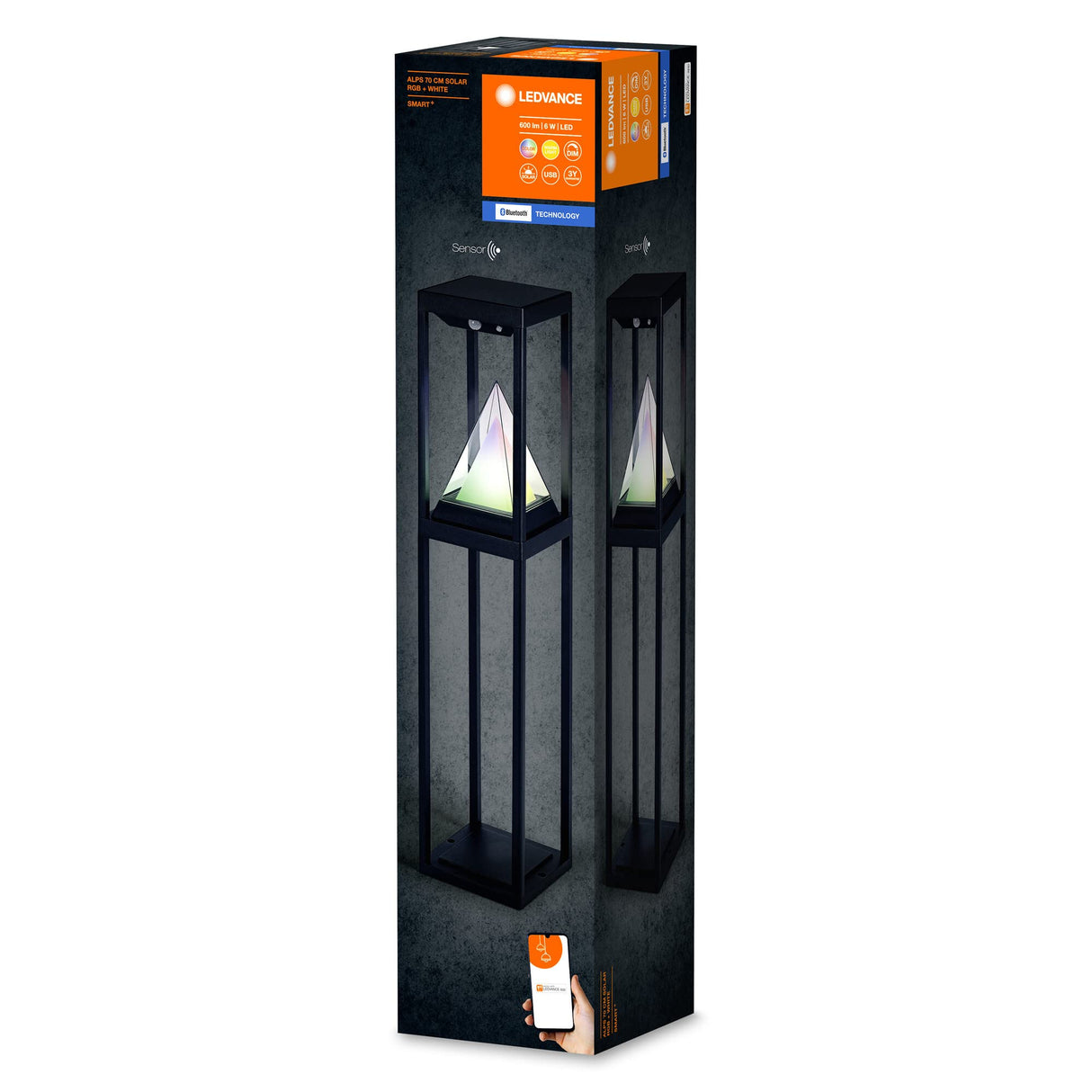 LEDVANCE Luz solar SMART+ para exteriores Bluetooth, luz blanca cálida y de color, utilizable sin alimentación, hasta 2,5HR de funcionamiento al 100 % de luz, recargable con cable USB-C IP44 negro