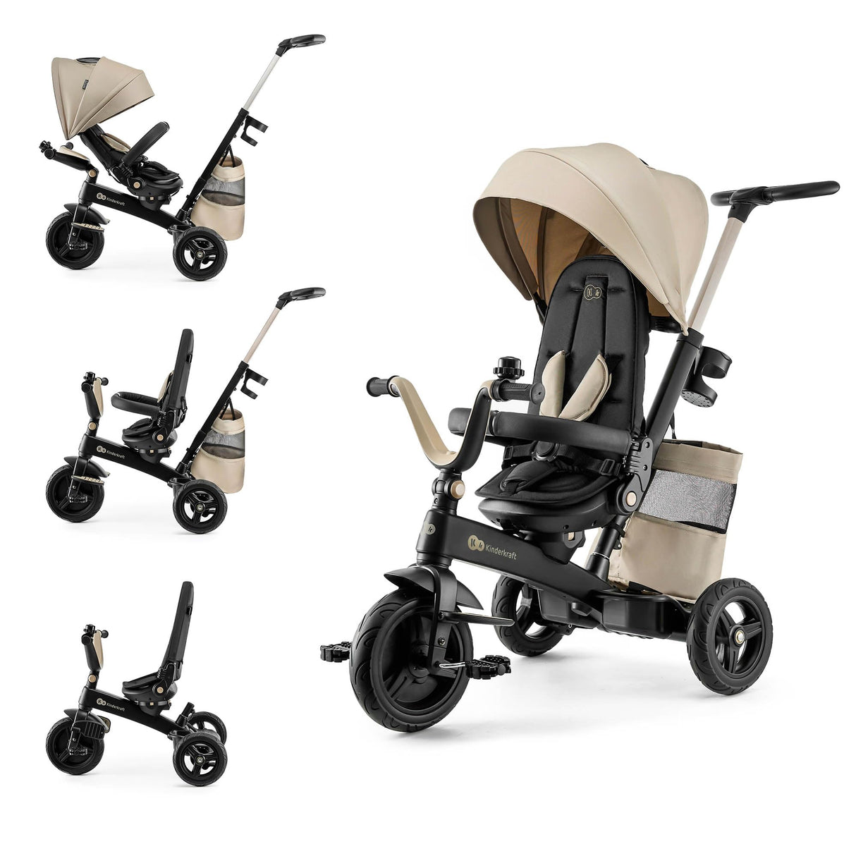 Kinderkraft EASYTWIST Triciclo Infantil, con Accesorios, Ventana de Techo, Cinturones de Seguridad, rotación de 360 Grados, Rueda Libre, Barra de Empuje, a Partir de 9 Meses hasta 5 años, Beige