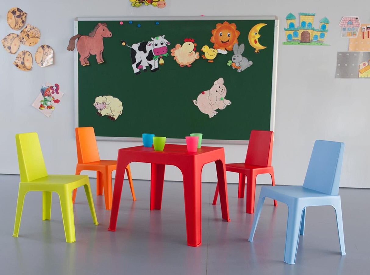 Resol Set Julieta Mesa Infantil y Sillas Mesa y Silla para Niños Muebles Infantiles Mesa Exterior Mesa Exterior jardín - 1 Mesa Lima + 4 Sillas Roja/Rosa/Azul/Naranja