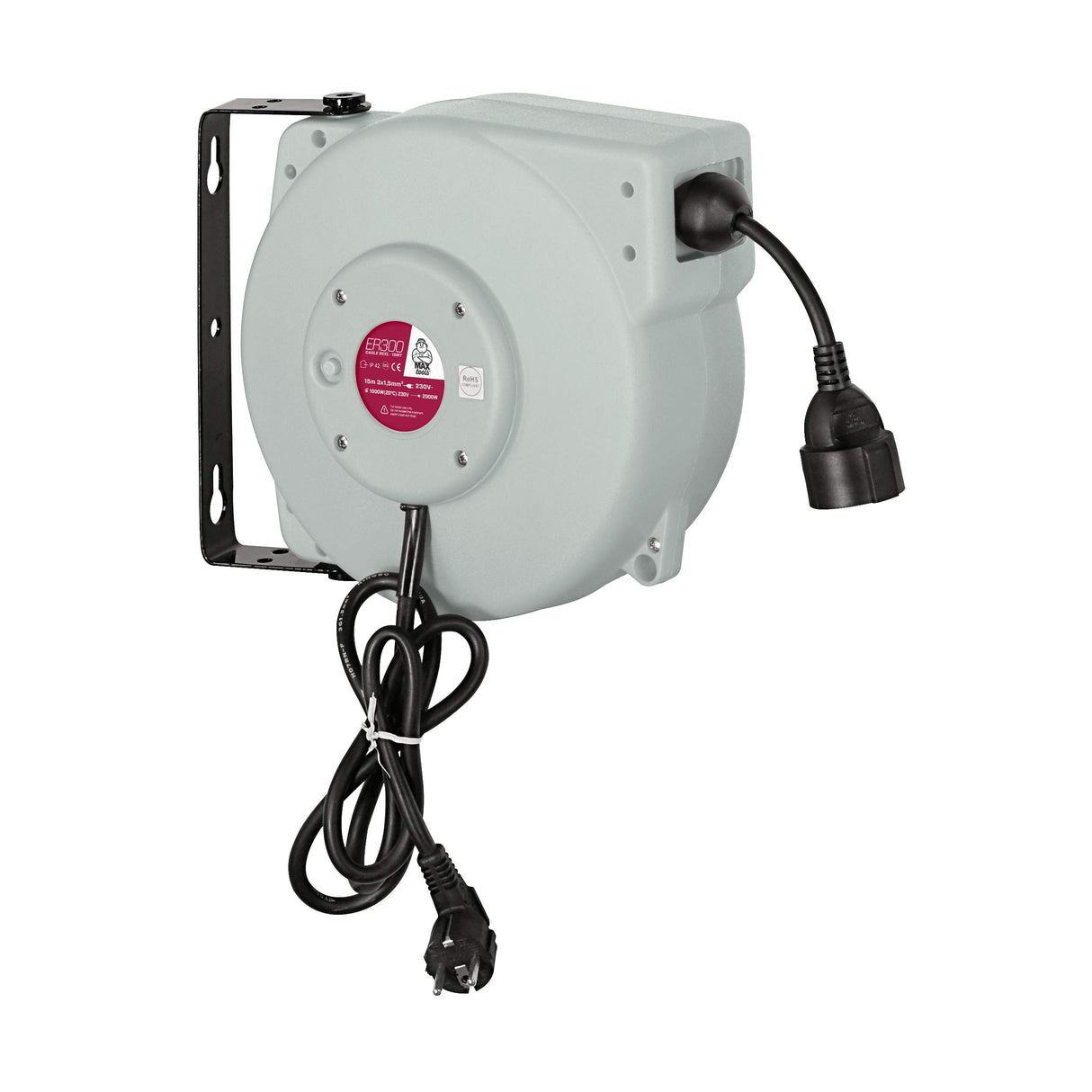 MAXTOOLS ER300, Enrollador Eléctrico, Enrollador con Guía Doble y Cable Resistente al Aceite, Interruptor Térmico de Protección, Longitud 15 Metros (15m)