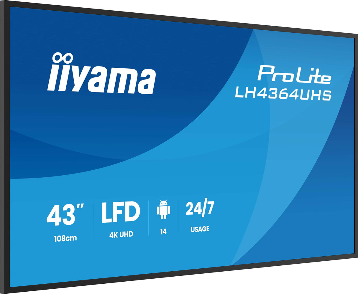 iiyama Prolite LH4364UHS-B1AG 108 cm 43" Digital Signage Display VA LED Panel 4K UHD HDMI USB-C USB2.0 RS-232c RJ45 Android 14 OS iiSignage² WiFi Mediaplayer 24/7 AntiGlare Negro