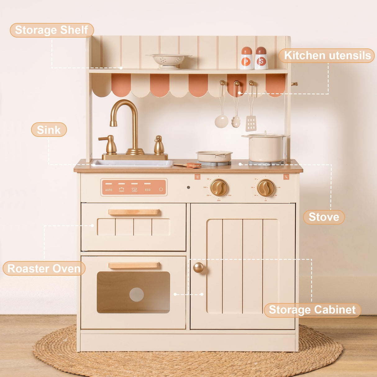 ROBUD Cocinas de Juegos de Madera para niños, con vajilla, ollas, ensaladera y Verduras. Adecuado para niños a Partir de 3 años