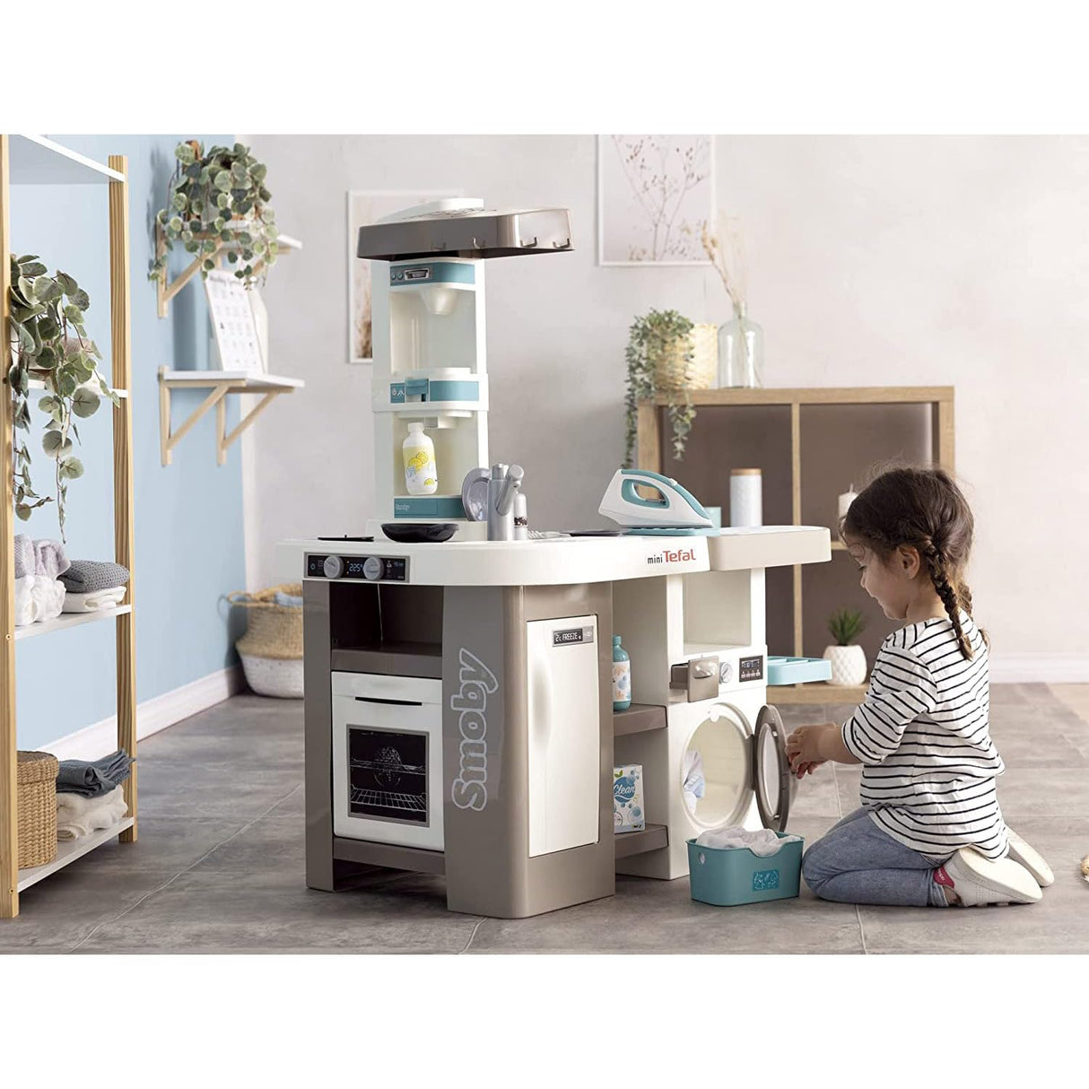 Smoby- Cocina de Juguete Cleaning, 2-en-1, con Funciones de Cocina y Limpieza, con Lavadora, Tendedero, Plancha, Adecuado a Partir de 3 Años (7600311050)