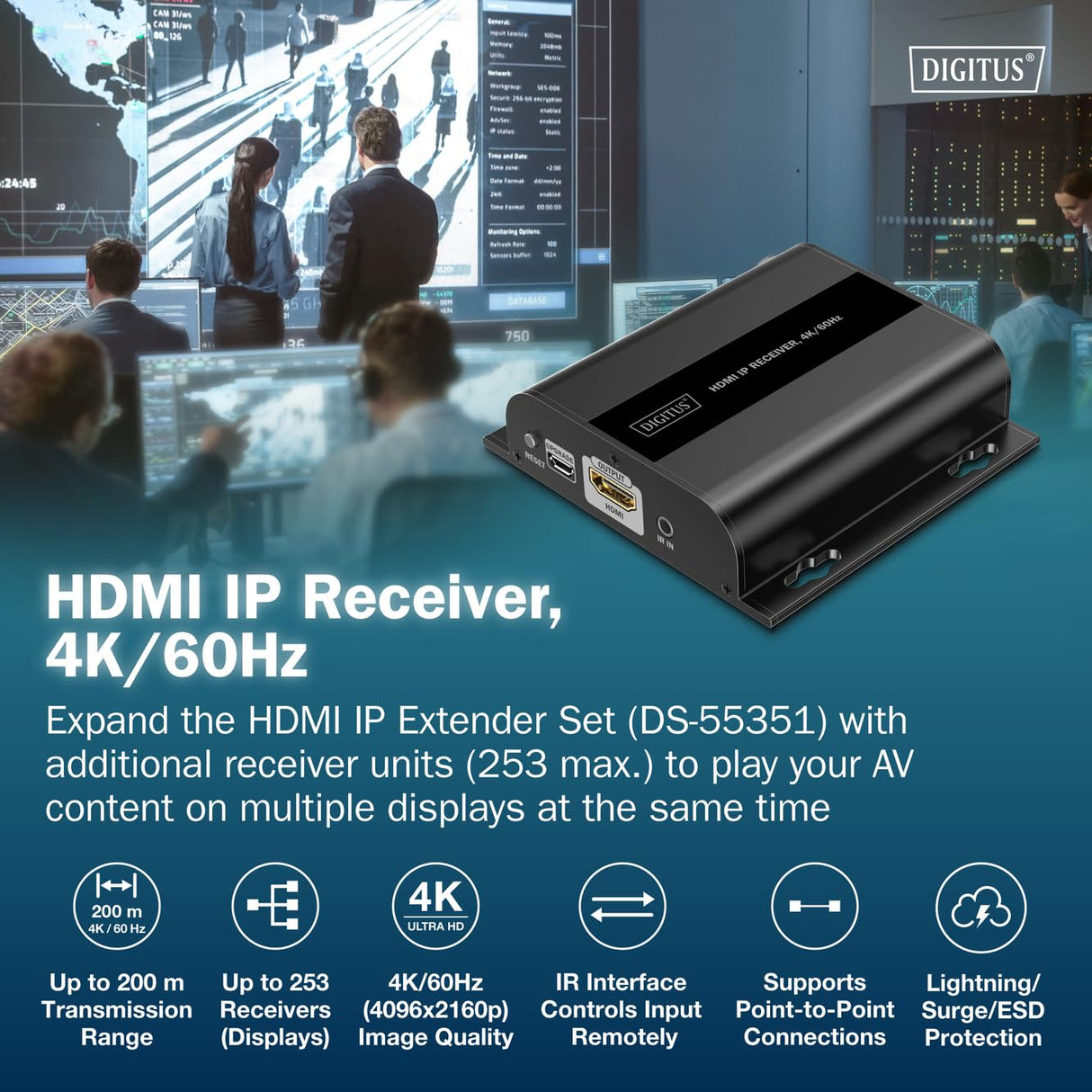 DIGITUS Receptor extensor HDMI IP para DS-55351 – UHD 4k 60 Hz – HDMI 2.0 – hasta 200 m de alcance – unidad receptora – punto a multipunto – CAT 6 – negro