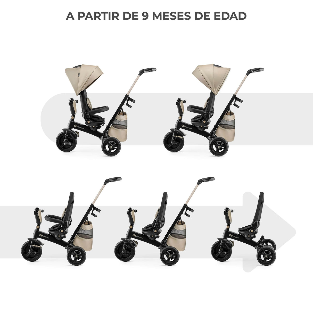 Kinderkraft EASYTWIST Triciclo Infantil, con Accesorios, Ventana de Techo, Cinturones de Seguridad, rotación de 360 Grados, Rueda Libre, Barra de Empuje, a Partir de 9 Meses hasta 5 años, Beige