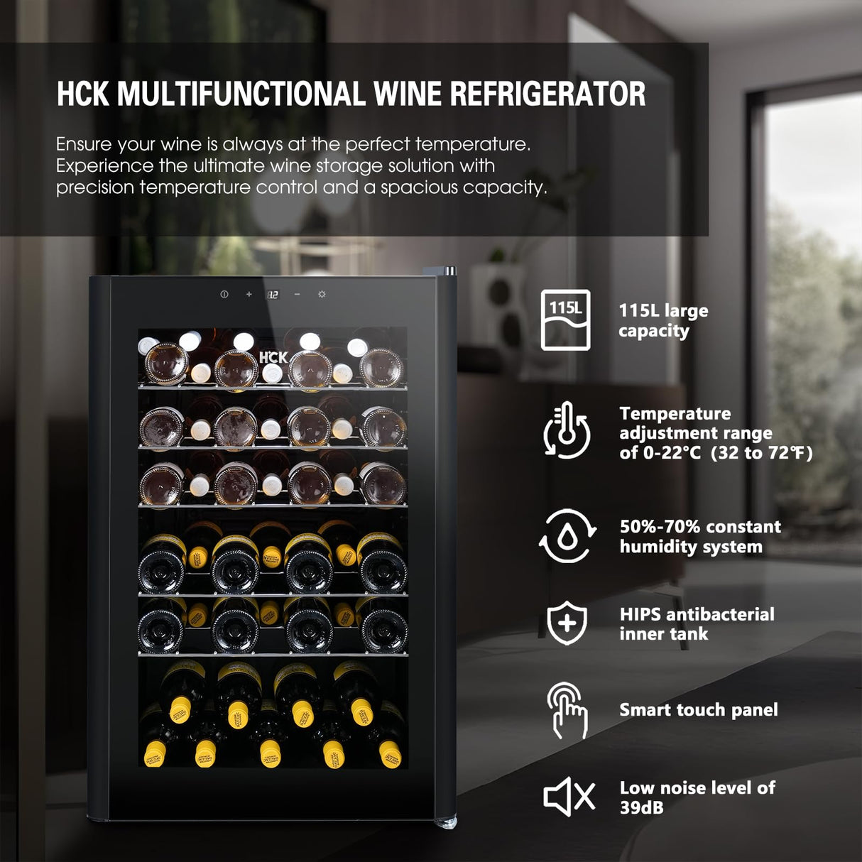 HCK Vinoteca, Nevera para Vinos 1 Zona de Refrigeración, 48 Botellas, 115 L, 4-22°C, Pequeña Nevera de 85 cm de Altura Con Panel Táctil, Nevera Silenciosa con Puerta de Vidrio, Negro