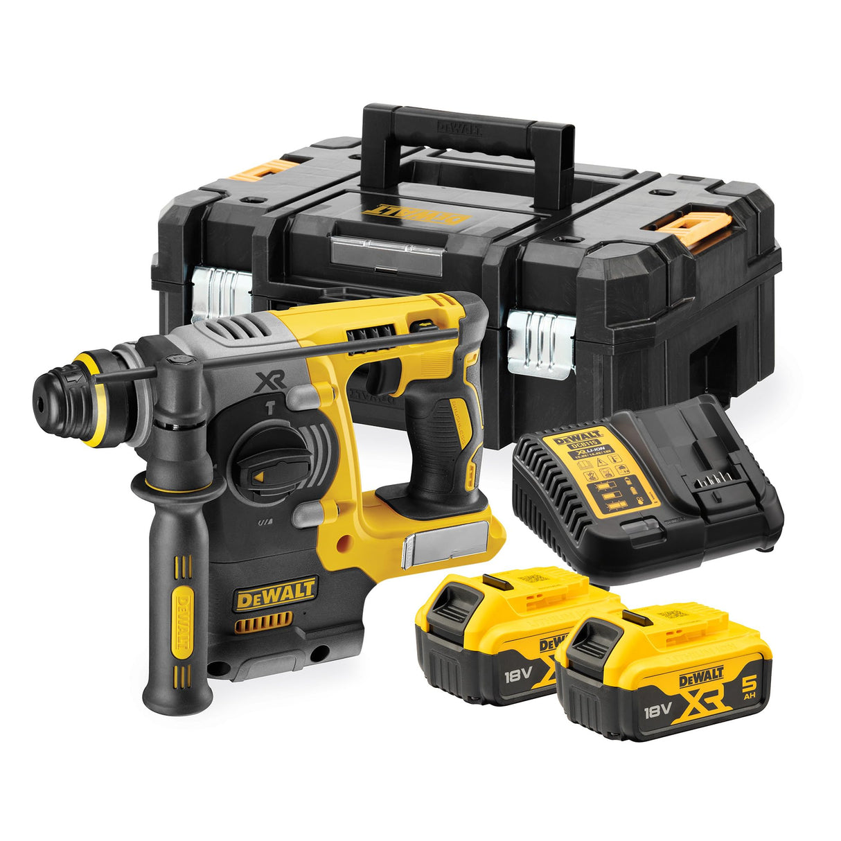 DEWALT Taladro Percutor SDS-Plus sin escobillas XR 18V de 24 mm con 2 baterías de 5Ah, cargador multi-voltaje XR y caja de herramientas resistente TSTAK, DCH273P2T-QW.