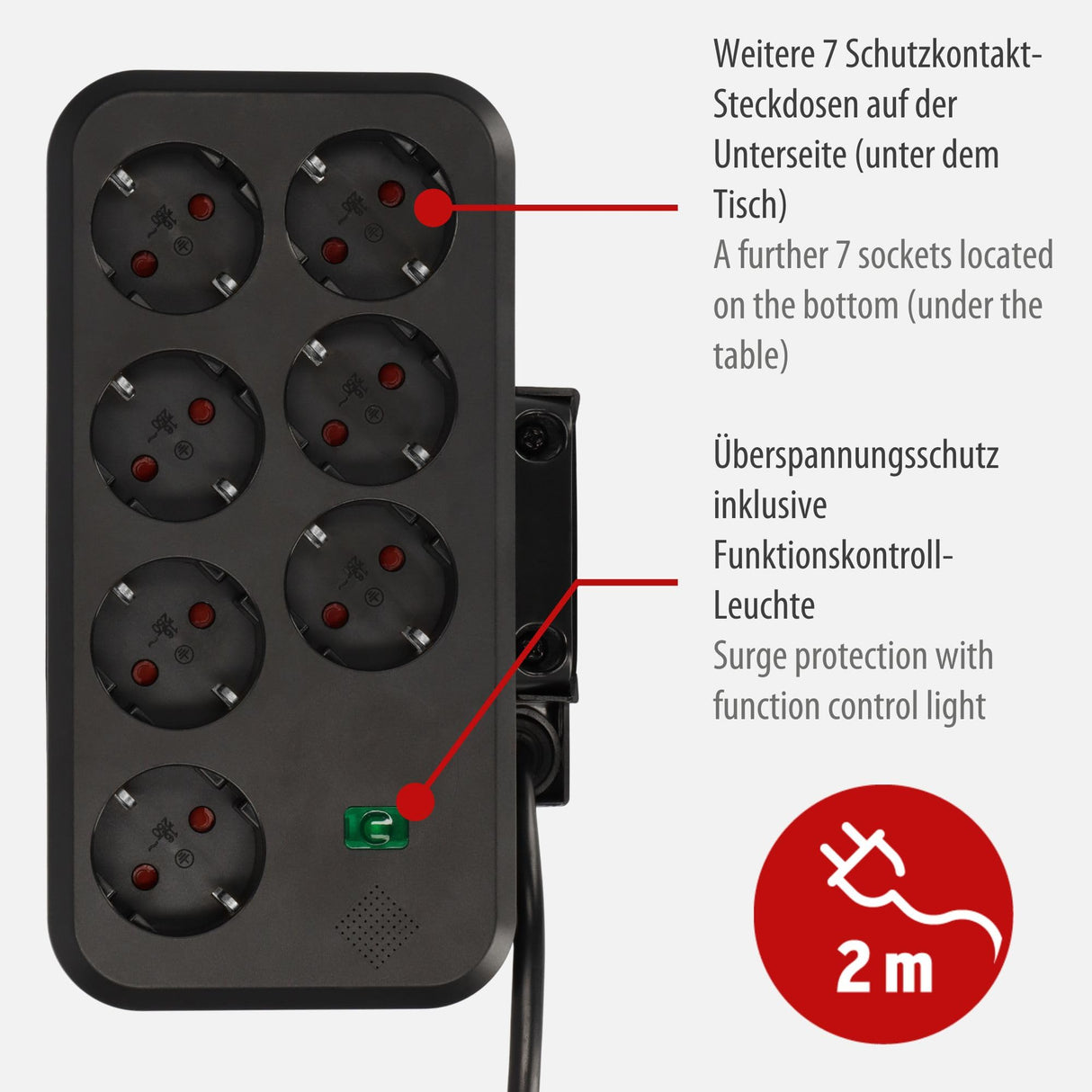 Brennenstuhl Regleta de sobremesa dúplex con Interruptor y protección contra sobretensiones (Regleta Enchufes con USB C Power Delivery, 1x USB C y 1x USB A, 9X enchufes, 2m) Plata/Negro