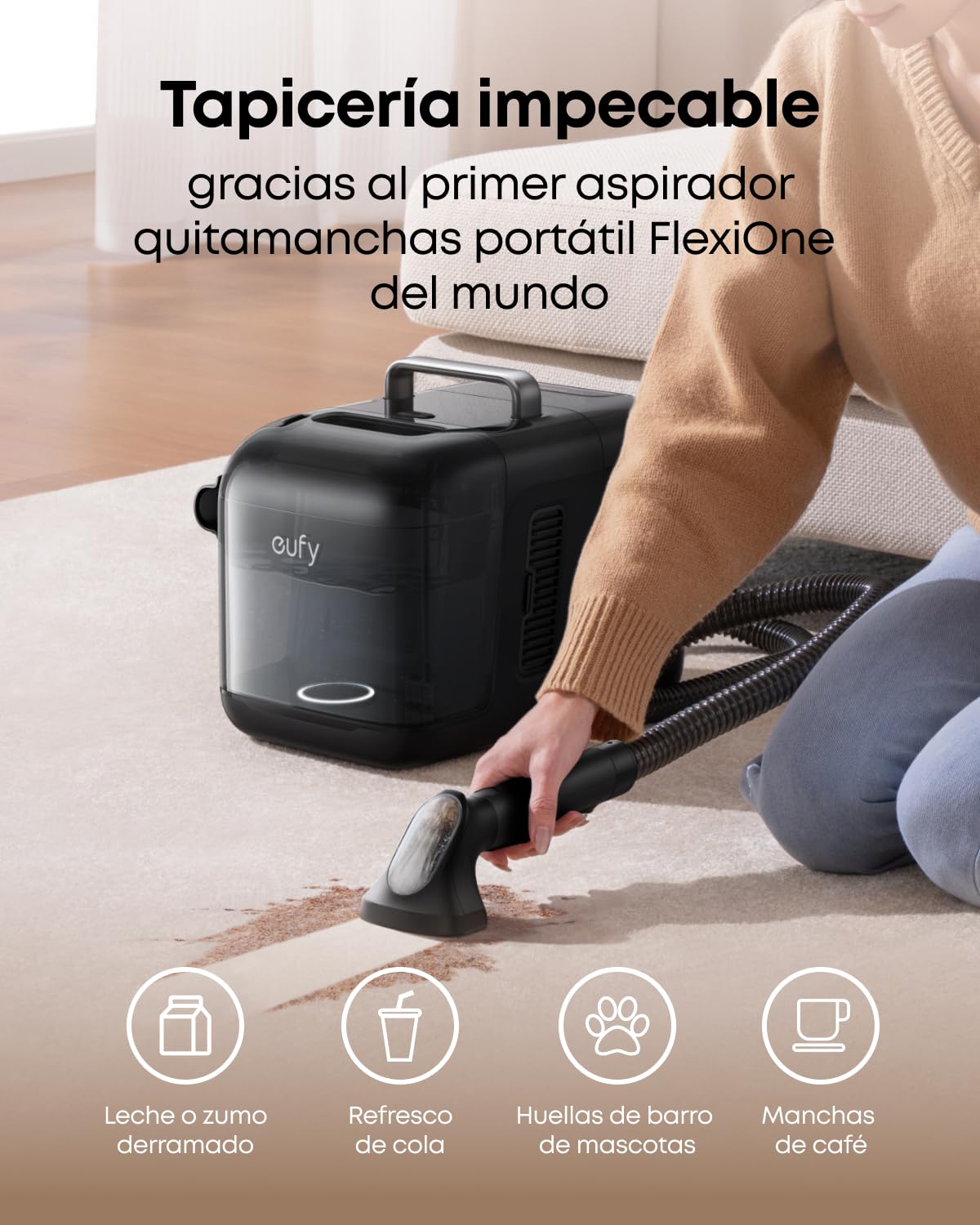 eufy Robot Aspirador Omni E28, Aspirador quitamanchas portátil, Sistema HydroJet, succión Turbo de 20.000 Pa, cepillos desenredantes DuoSpiral, Brazo CornerRover, estación Todo en uno.