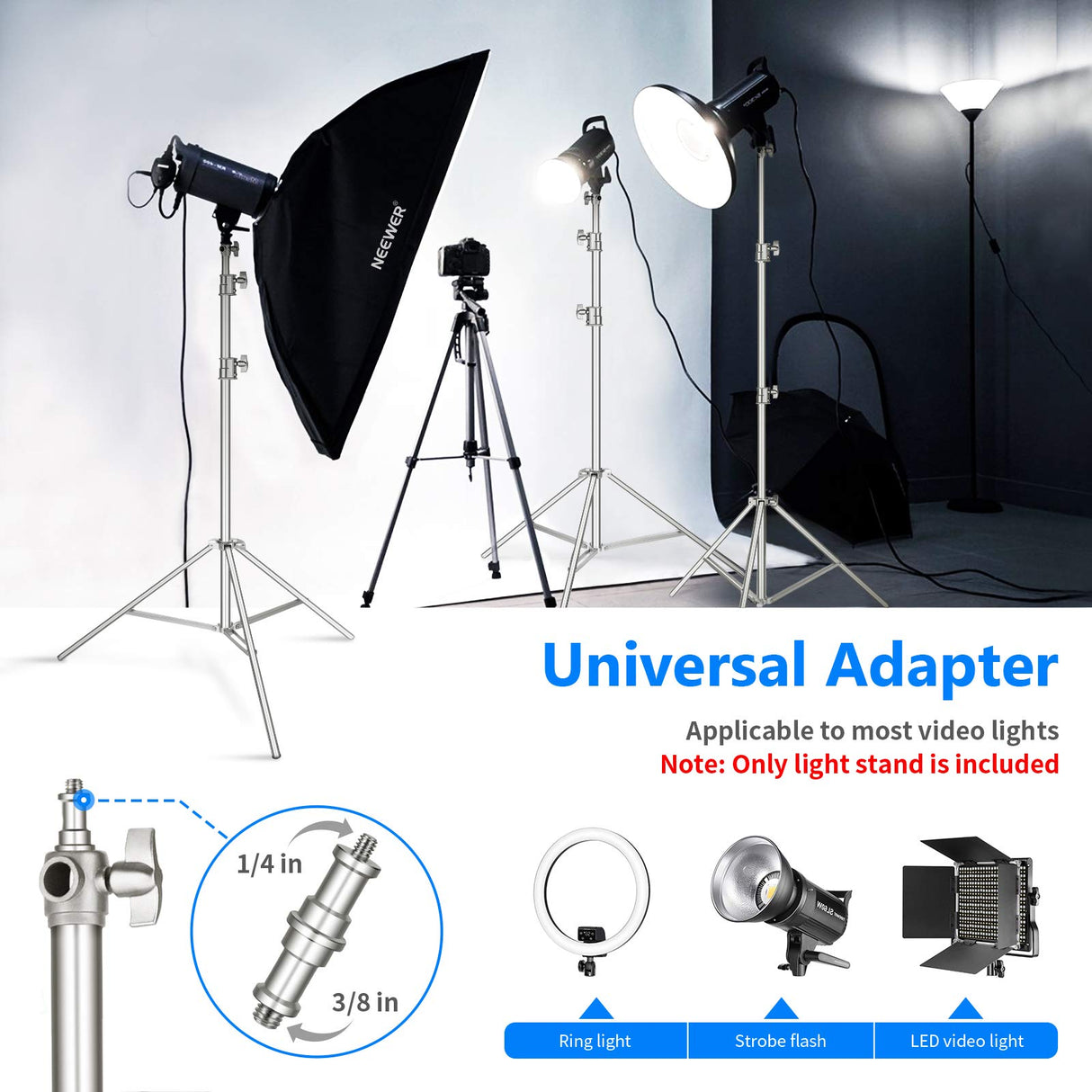Neewer Soporte de Luz de Acero Inoxidable Resistente 300cm con Adaptador Universal de 1/4 a 3/8 Pulgada para Foto Estudio Softbox Flash Estroboscópico Monolight y Otros Equipos Fotográficos(Plateado)