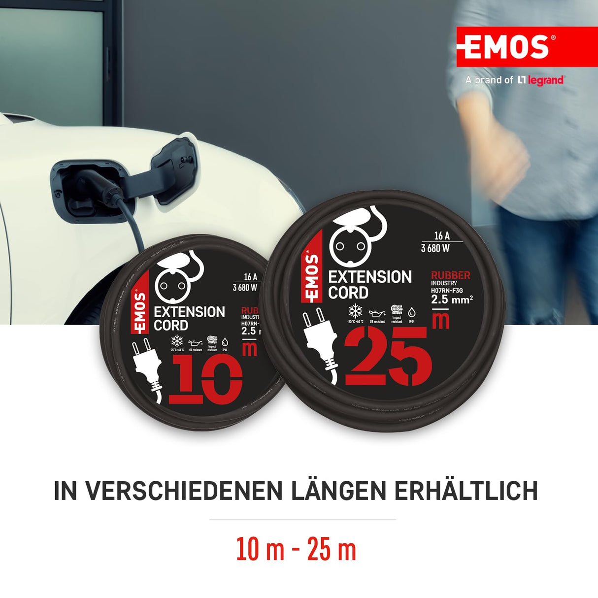 EMOS Cable alargador Schuko de 25 m, Cable de extensión de Goma para Exteriores (IP44), H07RN-F3G 2,5 mm2