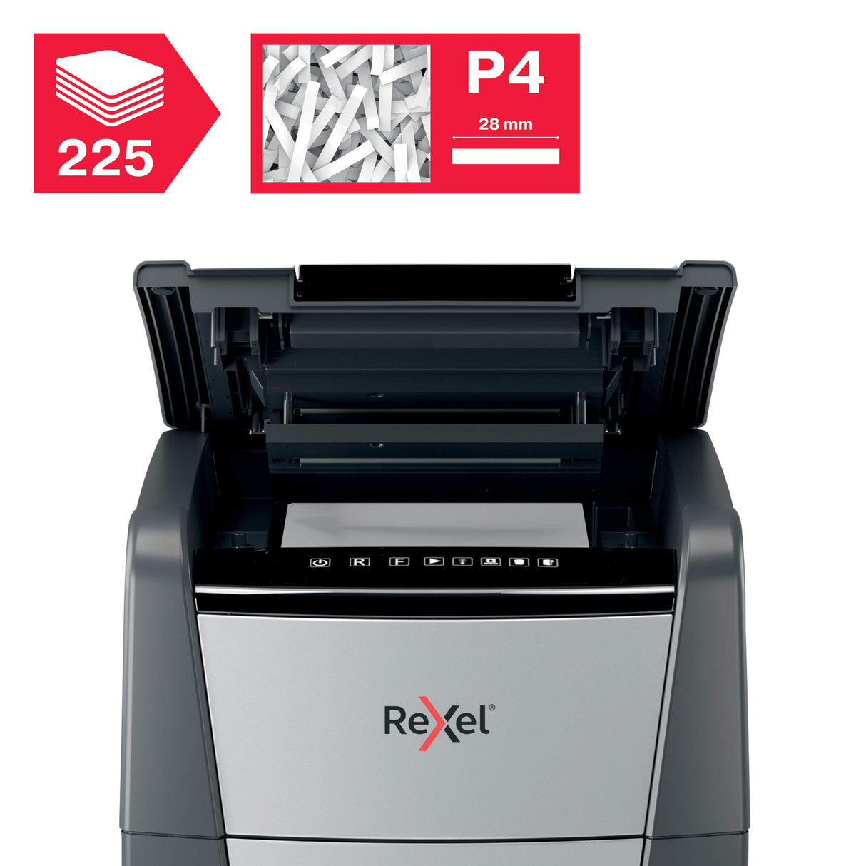 Rexel 2020225X - Destructora Automática Rexel Optimum AutoFeed 225X de Corte en Partículas P4 para Oficina, Destruye Hasta 225 Hojas a la Vez, Papelera Extraíble de 60 Litros, con Ruedas y Silenciosa