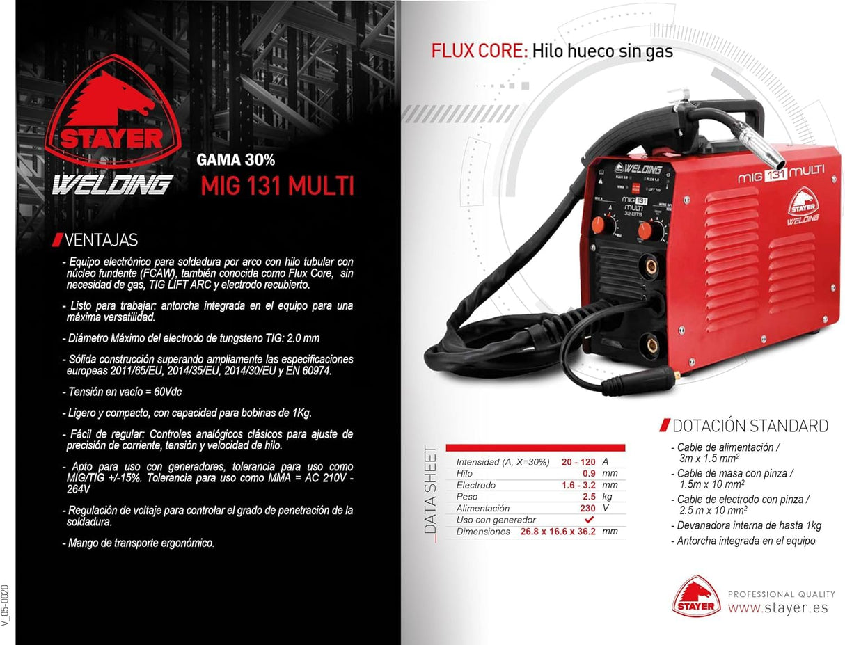 Stayer Equipo de soldadura para Hilo hueco, MIG 131 + Bobina de hilo hueco de 0,45Kg.