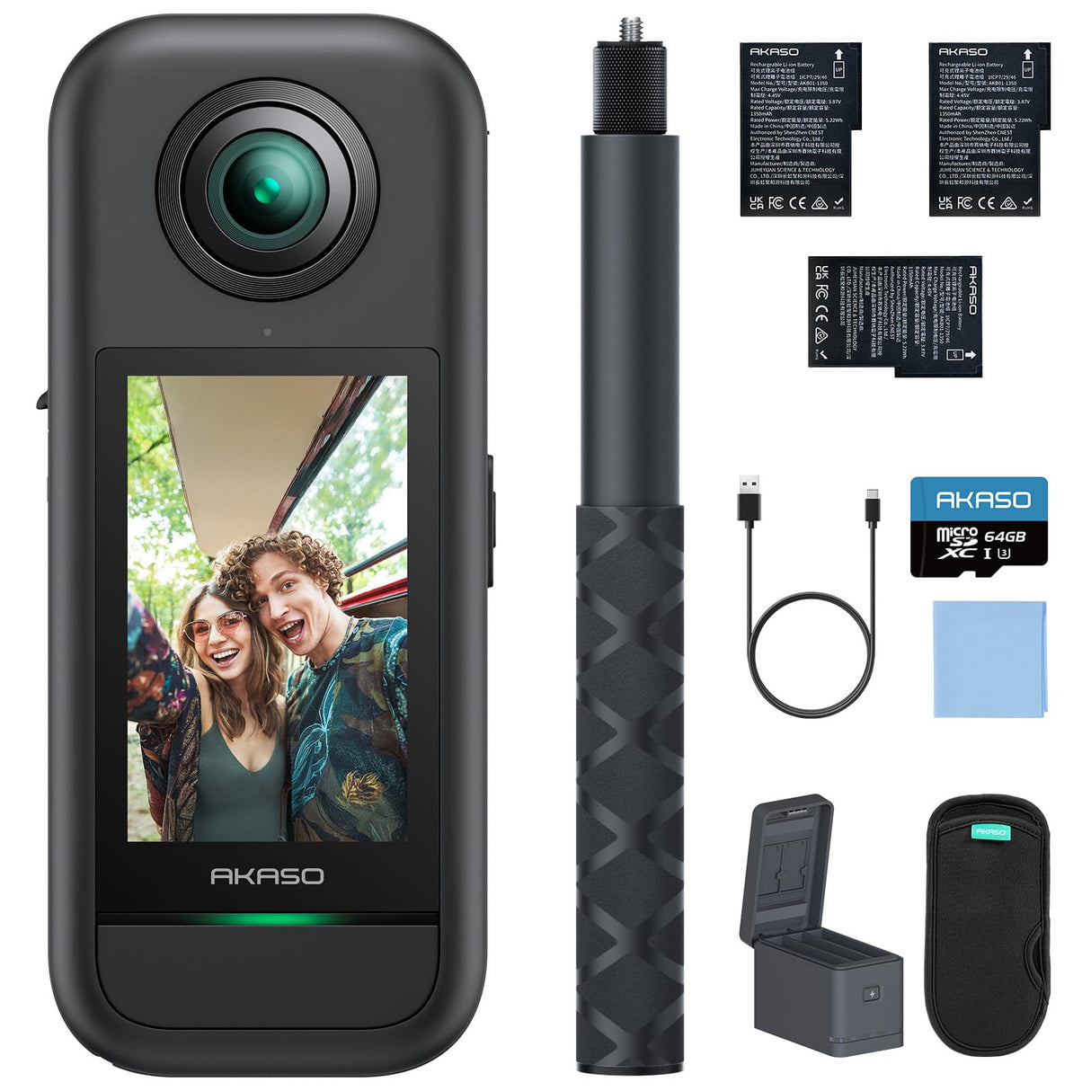 AKASO 360 Cámara de acción 360 Kit de Creadores, con 64GB Tarjeta de Memoria Sensor de 1/2", 5.7K 360, Fotos 72MP, Pantalla táctil de 2.29", Cámara Deportiva 360, Palo Selfie Invisible