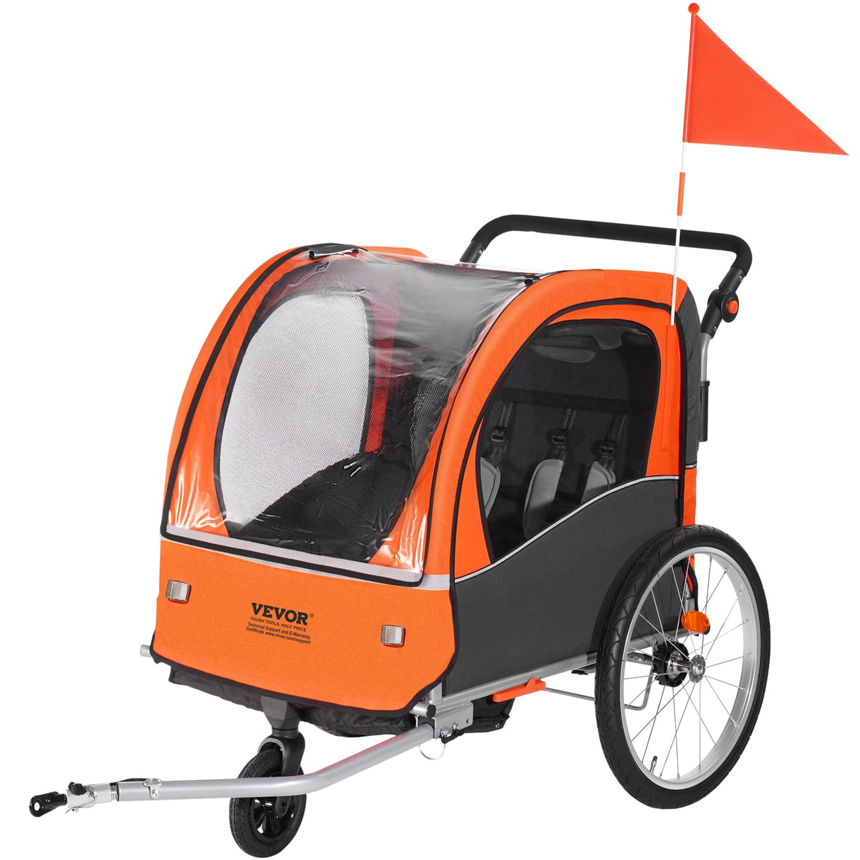 VEVOR Remolque de Bicicleta para Niños Asiento Doble Carga 45 kg Portaequipajes Transformable en Cochecito Remolque de Bicicleta para Niños Plegable con Enganche Universal para Bicicleta, Naranja Gris