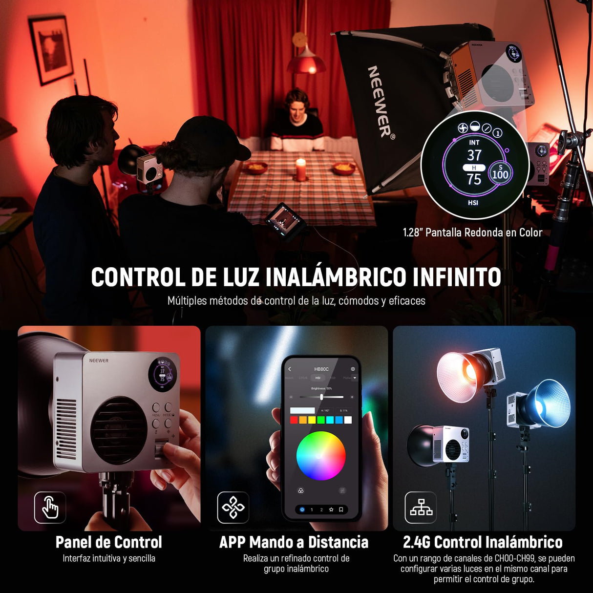 NEEWER HB80C - Iluminación de vídeo LED RGBWW 80 W, Incluye batería de 72 W, Cargador rápido PD 100 W, Control App/2,4 G, 10400 Lux/m 2500 K-7500 K, Montura Bowens Mini, para Estudio fotográfico,