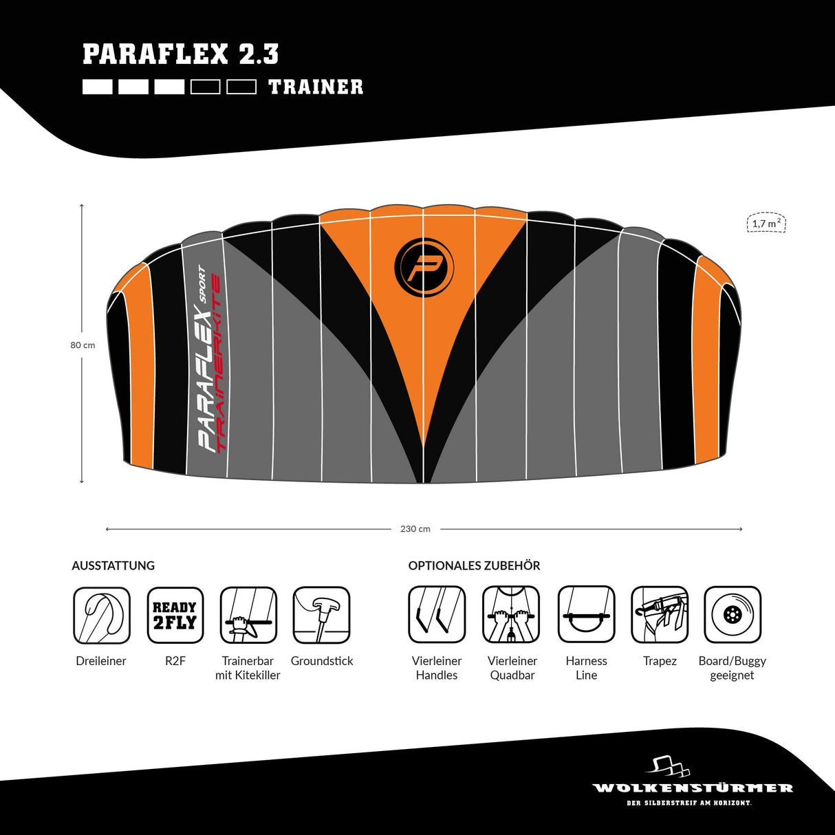Wolkenstürmer Paraflex Trainer 2.3 Action Kite - 3 Line Steering Mat para Mountainboarding